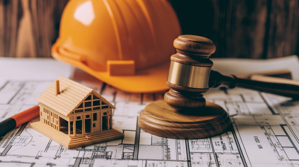 Maquette de maison et casque de chantier sur des plans, symbolisant l'importance du permis de construire.